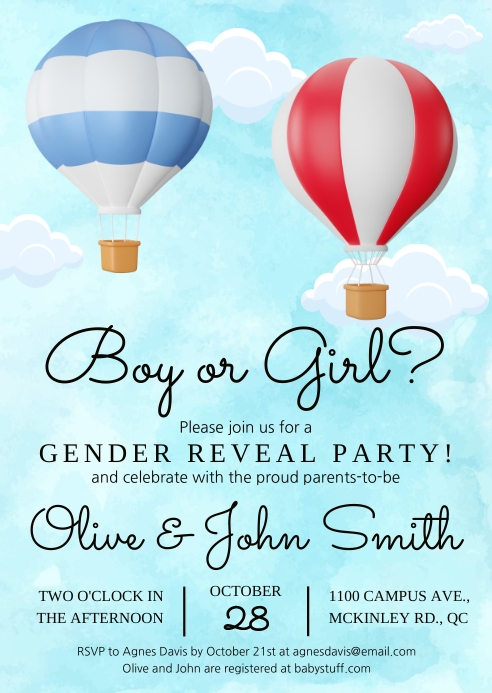 GENDER REVEAL | watercolor hot air balloons Template | PosterMyWall